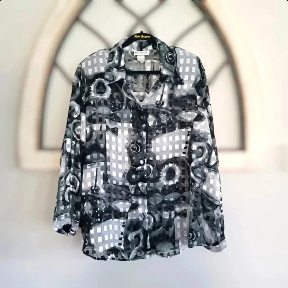 80's Vintage Expose Chiffon Sheer Button Up Blouse Sz XL